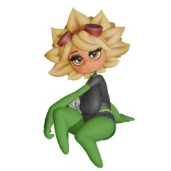 3d breasts female goggles goggles_on_head green_skin hair_between_eyes hotpants humanized large_breasts light_blush orange_eyes petals plant_girl plants_vs_zombies seductive seductive_look seductive_smile short_hair solar_flare_(pvz) t-shirt