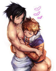 2boys ass black_hair blonde_hair blue_eyes bottomless gay heart hug human male male_only multiple_boys multiple_males muscle naruto nipples ohigetan sasuke_uchiha shiny shiny_skin topless uzumaki_naruto white_background yaoi