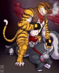absurd_res alley alley_sex anal anal_fingering anthro arms_behind aroused aroused_by_another aroused_face aroused_male aroused_smile balls barazoku belly biceps big_bulge big_muscles big_pecs black_body black_clothing black_fingerless_gloves black_fur black_gloves black_hair black_handwear black_mane bondage bound brown_clothing brown_hat brown_headwear brown_topwear brown_vest bulge canid canine canis captured cigarette cigarette_in_mouth cigarette_smoke claws clothed clothing cowboy cowboy_hat cowboy_outfit detailed_bulge dominant dominant_anthro dominant_male domination/submission duo erection erection_under_clothing erection_under_underwear eye_scar facial_scar felid feline fingering fingering_partner fingerless_gloves fur genital_outline genitals gloves grey_body grey_fur hair hands_behind_back handwear hat headgear headwear hi_res jockstrap jockstrap_only kerchief kody_fryzma krowlfer looking_pleasured male male/male mammal mane manly markings multicolored_body multicolored_fur muscular muscular_anthro muscular_arms muscular_male muscular_thighs mythological_canine mythological_creature mythology nipples object_in_mouth orange_body orange_fur pantherine pantsless pantsless_anthro pantsless_male pawpads pecs penis penis_outline purple_eyes red_background red_clothing red_eyes red_jockstrap red_kerchief red_underwear restraints rope rope_bondage scar sex simple_background sitting sitting_on_another sitting_on_back sitting_on_partner smoke smoking smoking_cigarette snout snout_scar striped_body striped_fur striped_markings striped_tail stripes subdued submissive submissive_anthro submissive_male tail tail_markings tenting thick_arms thick_thighs tiger topless topwear underwear underwear_only vest werecanid werecanine werecreature werewolf white_body white_fur wolf