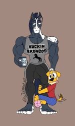 2boys beer beer_can big_feet big_muscles bulge bulge_under_clothes doritohead feet hercules_(zp92) horse hugging hugging_legs larger_male larger_male_smaller_male male muscles muscular muscular_male smaller_male smaller_male_larger_male wally_pembroke zp92
