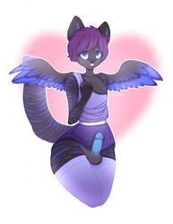 2018 anthro balls black_fur black_nose blue_eyes blue_stripes clothed clothing crossdressing cute erection feline fur girly legwear male mammal open_mouth peachick penis simple_background smile solo standing stockings stripes teeth wings