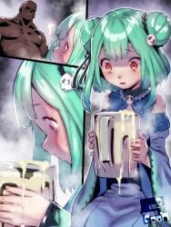 1boy aqua_hair bare_shoulders blue_dress butterfly-shaped_pupils commentary_request commission cum cum_in_container cum_in_cup cup dark-skinned_male dark_skin detached_sleeves double_bun dress female gokkun hair_bun hair_ornament holding holding_cup hololive mug petite pixiv_commission red_eyes skull_hair_ornament soon_(c-u-soon) straight symbol-shaped_pupils tearing_up uruha_rushia virtual_youtuber