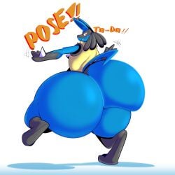 2025 absurd_res anthro ass big_butt blue_body blue_fur english_description english_text exclamation_point fur generation_4_pokemon hand_spike hi_res huge_butt hyper looking_back lucario male nintendo on_one_leg pokemon pokemon_(species) rear_view red_eyes simple_background smile solo spikes spikes_(anatomy) standing tail terito text thick_thighs white_background