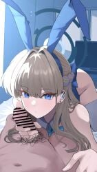 1boy 1girls absurdres aqua_bow aqua_bowtie ass bar_censor bigpond blonde_hair blue_archive blue_bunnysuit blue_eyes blue_hairband blue_halo blue_leotard bow bowtie censored cleaning_&_clearing_(blue_archive) clothed_female_nude_male commentary_request dark-skinned_male dark_skin detached_collar earpiece fake_animal_ears fake_rabbit_ears female hairband halo handjob highres imminent_fellatio indoors leotard light-skinned_female light_skin long_hair looking_at_viewer male male_pov male_pubic_hair millennium_science_school_student navel nude official_alternate_costume penis playboy_bunny pov pov_crotch pubic_hair sensei_(blue_archive) solo_focus straight strapless strapless_leotard thighhighs toki_(blue_archive) toki_(bunny)_(blue_archive) white_thighhighs
