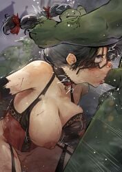 3boys absurdres b6wld black-framed_eyewear black_hair braid breasts censored choker commentary commission cum cum_in_mouth cum_in_nose english_commentary fellatio female glasses goblin grabbing_another's_hair highres holding_another's_hair irrumatio irrumatio_handles large_breasts lingerie makeup mosaic_censoring multiple_boys one_breast_out oral original purple_eyes rape rolling_eyes runny_makeup scratches second-party_source tears throat_bulge trembling twin_braids underwear veins veiny_arms