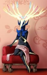 anthro anthrofied antlers areola black_body black_fur blue_body blue_fur blue_nipples breasts chair crovirus deer female fur furniture generation_6_pokemon hand_on_chest hi_res horn legendary_pokemon looking_at_viewer mammal nintendo nipples nude pinup pokemon pokemon_(species) pokemorph pose solo xerneas xerneas_(active_mode)