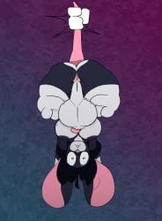anthro anus areola ass balls bangs big_balls big_nipples black_hair blue_eyes blue_eyeshadow eyeshadow fur genitals grey_body grey_fur gynomorph hair hanging_by_tail hanging_upside_down hi_res intersex long_nipples makeup mouse_ears nimmy nimmy_lilith_(lilithdog) nipples nubbed_penis paws penis pink_nose pink_penis pink_tail saggy_balls short_stack skullfvckerz solo surprised_expression tail upside-down white_balls white_body white_fur wide_eyed