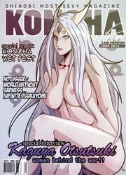 3_eyes areolae barcode blush breasts crossed_legs english_text eyelashes female female_only frown horns human indrockz konoha_paradise large_breasts lipstick long_hair magazine_cover multi_eye naruto naruto_shippuden necklace nipples nude otsutsuki_kaguya pale-skinned_female pale_skin purple_lipstick sitting solo text very_long_hair white_eyes white_hair