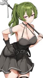 absurdres armlet armpits bare_shoulders belt black_choker black_dress black_gloves breasts choker cleavage closed_mouth commentary cowboy_shot dress female gloves green_hair halterneck hand_on_own_hip highres holding holding_polearm holding_weapon jewelry large_breasts leaning_forward long_hair looking_at_viewer muhae_(dcnh8882) over_shoulder pleated_dress polearm ponytail purple_eyes revision simple_background single_glove sleeveless sleeveless_dress smile solo sousou_no_frieren ubel_(sousou_no_frieren) weapon weapon_over_shoulder white_background