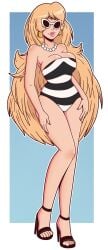 big_breasts bimbo bimbo_body bimbo_lips blonde_hair glasses hand_on_hips one-piece_swimsuit smile swimsuit swimwear wide_hips wrenzephyr2