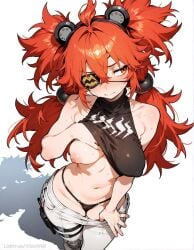 1girls a1exwell adult_female ai_generated alternate_body_type alternate_breast_size embarrassed eyepatch female from_above hoyoverse koleda_belobog lifted_by_self lifted_top looking_aside messy_hair one_breast_out panties pants puffy_nipples pulling_down_pants shy simple_background stable_diffusion thing thong twintails white_background zenless_zone_zero