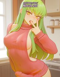 1futa 2025 ai_generated artist_name blurry blurry_background blurry_foreground blush breasts breasts breasts bust c.c. chest code_geass covered_nipples depth_of_field eyebrows_visible_through_hair futanari green_hair hi_res high_quality high_resolution highres long_hair looking_at_viewer meme_attire novalust patreon patreon_username ribbed_sweater solo stable_diffusion sweater v virgin_killer_sweater watermark yellow_eyes