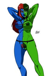 green_hair green_skin jazinda marvel mystique nude orange_sclera pubic_hair red_eyebrows red_hair seanrm skrull x-men