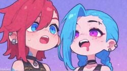 (titancore) 2girls ai_generated arcane arcane_jinx arcane_vi blue_eyes blue_hair chibi cute cute_face drooling ear_piercing female girls girly league_of_legends long_hair purple_eyes red_hair short_hair sister's tattoos twintails video_game_character