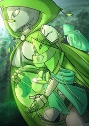 absurd_res belly big_belly cloak clothing darlondemonic extreme_size_difference female green_cloak green_clothing group hi_res humanoid machine pregnant pregnant_female pregnant_humanoid robot_humanoid robotic_arm robotic_arms robotic_hand robotic_leg robotic_limb size_difference smaller_female trio uterus