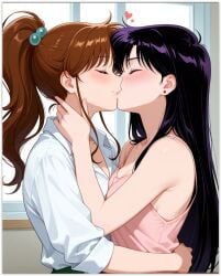 2girls ai_generated black_hair black_hair_female blush brown_hair brunette closed_eyes embrace female female/female female_only girl_on_girl girlfriends hearts hearts_around_head kissing lesbian_couple lesbian_focus lesbian_kiss lesbian_lovers lovers makoto_kino multiple_girls ponytail rei_hino romantic romantic_couple sailor_jupiter sailor_mars very_long_hair wholesome yuri