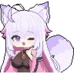 :o ahoge animal_ears bell_sleeves black_leotard breasts cat_ears cat_girl cat_tail colored_tips female hair_between_eyes highres indie_virtual_youtuber jewelry large_breasts leotard long_hair multicolored_hair necklace one_eye_closed pixel_art purple_eyes ruin369 shiyuonline simple_background tail white_background white_hair