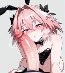 ai_generated astolfo_(fate) bulge bunny_girl bunnysuit cock_worship fate_(series) femboy femmeup heavy_breathing large_penis looking_at_penis male male_only multiple_boys multiple_penises otoko_no_ko penis penis_awe penis_on_face sissy sweat sweatdrop yaoi