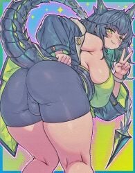 1futa arknights ass ass_focus black_hair breasts bulge bulge_through_clothing caffichai futanari green_eyes mon3tr_(arknights) peace_sign sideboob solo tail thick_thighs