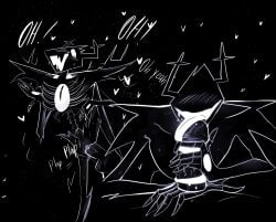 absurd_res ambiguous_fluids anthro antlers black_and_white black_body bone deer deltarune duo fellatio female genitals heart_symbol hi_res horn male male/female mammal monochrome open_mouth oral penetration penile penis plap pussy ribs roaring_knight sex shadow shadow_creature skeleton skinny standing standing_sex text tongue tongue_out undertale_(series) vaginal_penetration vulva witchtheghost
