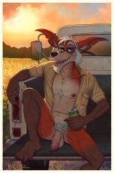 5_fingers 5_toes alcohol anthro athletic athletic_anthro athletic_male balls beard beer beverage beverage_can big_penis black_nose bodily_fluids body_hair canid canine chest_hair clothed clothed_anthro clothed_male clothing digital_media_(artwork) digital_painting_(artwork) elderly_anthro elderly_male evening eyewear facial_hair feet fingers foreskin fox fur genital_fluids genitals glasses goatee guerillasquirrel hair happy heat_(temperature) hi_res humanoid_feet humanoid_genitalia humanoid_hands humanoid_penis light_truck male mammal mature_anthro mature_male moustache navel nipples open_clothing open_shirt open_topwear outside painting_(artwork) partially_clothed partially_clothed_anthro partially_clothed_male penis pickup_truck plantigrade precum presenting presenting_penis pubes red_body red_fox red_fur redneck scenery shirt slim smile solo southern summer sunset sweat toes topwear tros_(foxmusk) truck true_fox vehicle wearing_glasses white_hair