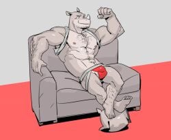 abs animal_humanoid anthro big_muscles boat bodysuit clothed clothing flexing flexing_bicep humanoid looking_at_self male mammal mammal_humanoid muscles muscular muscular_anthro muscular_male nipples p0sporo partially_clothed pecs rhinoceros rhinoceros_humanoid skinsuit solo tight_clothing underwear vehicle watercraft