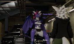 absurd_res anthro bottomwear clothed clothing clothing_lift dragon duo female fur garage_(building) genitals hi_res jack_daniel's male male/female mercedes-benz mythological_creature mythological_scalie mythology pussy scalie skirt skirt_lift skulldog_(species) vrchat_model vulva white_body white_fur wings z4rk0