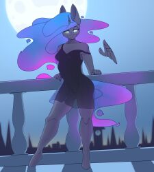 absurd_res alicorn anthro black_clothing black_dress blue_eyes breasts chapaevv clothing cosmic_hair digital_media_(artwork) dress equid equine ethereal_hair feathered_wings feathers female friendship_is_magic genitals hair hasbro hi_res horn looking_at_viewer mammal my_little_pony mythological_creature mythological_equine mythology night nipples princess_luna_(mlp) pseudo_hair pussy simple_background smile solo tail translucent translucent_clothing vulva wings