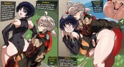 2boys against_wall anal anal_orgasm anal_penetration anal_sex anus ass ass_grab balls between_buttocks big_ass black_hair captain_kirb clothed_sex clothing cum_while_penetrated dat_ass dialogue erection erection_under_clothes fat_ass femboy gay gay_sex genshin_impact grabbing_another's_ass hand_on_another's_ass hand_on_ass hands_on_hips huge_ass instant_loss instant_loss_2koma kaedehara_kazuha large_ass male male_only outdoor_sex outdoors penis png scaramouche_(genshin_impact) smug text thick_ass thick_thighs unamused wanderer_(genshin_impact) white_hair wide_hips yaoi