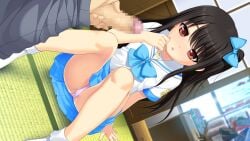1boy adachi_tenka black_hair blue_bow blue_skirt bobby_socks bow censored collarbone dutch_angle female flat_chest game_cg hairbow highres indoors knees_up long_hair male miniskirt mosaic_censoring no_shoes non-web_source nonohara_miki one_side_up open_mouth panties penis pink_panties pleated_skirt red_eyes sailor_collar sailor_shirt shirt shirt_bow short_sleeves shoujo_ramune sitting skirt socks straight tatami underwear white_sailor_collar white_socks