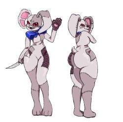 big_ass big_thighs blue_bowtie bunny_costume bunny_ears bunny_tail bunnysuit costume dress five_nights_at_freddy's five_nights_at_freddy's:_security_breach furry fursuit knife looking_at_viewer looking_back pachalt red_sclera stitches thighs vanny_(fnaf)