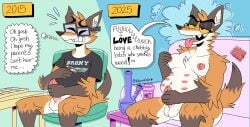absurd_res anthro balls before_and_after bong bottomless bottomless_male breasts canid canine chair clothed clothing dialogue drugs eyewear fox furniture futanari genitals glasses gloves_(marking) gwenfox hi_res hormone_replacement_therapy intersex keyboard male mammal marijuana markings masturbation multi_nipple nipple_fetish nipple_pinch nipple_play nude_futa overweight overweight_futa overweight_intersex penis pill_bottle pinch print_clothing print_shirt print_t-shirt print_topwear pussy sharp_teeth shirt sitting slightly_chubby slightly_chubby_futa slightly_chubby_intersex smile sofa solo speech_bubble t-shirt teeth time_skip tongue tongue_out topwear trans_(lore) trans_woman_(lore) vulpinevulva_(artist)