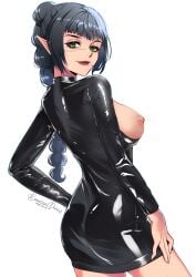 1girls 2d baldur's_gate_3 beneceadraws black_hair braid braided_hair breasts_out elf_female fanart forgotten_realms green_eyes latex_clothing lipstick looking_at_viewer looking_back medium_breasts pointy_ears round_ass scar shadowheart simple_background smiling_at_viewer