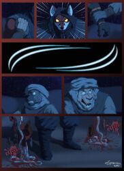2021 acarius_medjay anthro armor attack blood bodily_fluids bracers canid canine clothed clothing comic digital_media_(artwork) english_text entrails fatal felid fox glowing glowing_eyes gore group guts headgear headwear hi_res hood hyena intestines killing male mammal mask muscular muscular_anthro muscular_male night open_mouth organs pantherine red_fox sky sound_effects spotted_hyena star starry_sky teeth teofacio_larna text trio true_fox xxsparcoxx
