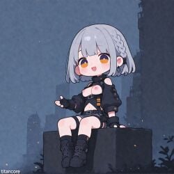 (titancore) 1girls ai_generated anby_demara breasts breasts_out chibi cute cute_face female girl nipples silver_hair single_girl sitting sitting_down smiling video_game_character zenless_zone_zero