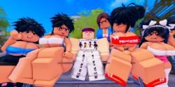 1boy 3d 5girls big_ass big_breasts black_hair blush breasts choker cnp_(roblox) donquiotedd glasses multiple_girls nervous roblox roblox_avatar robloxian self_upload