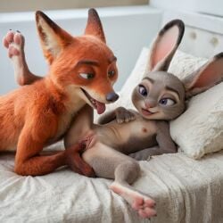 3d ai_generated breasts disney female fox furry judy_hopps licking licking_pussy nick_wilde oral oral_sex pussy rabbit realistic small_breasts zootopia