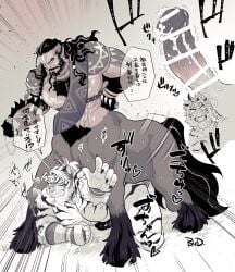 2boys afk_(series) afk_journey all_fours animal_ears animal_penis bara bare_pectorals beard bent_over biceps censored centaur claws clenched_teeth commentary_request completely_nude facial_hair furry furry_male gay gay_male highres horse_penis horse_tail kordan_(afk) male_focus multiple_boys muscular muscular_male nipples nude open_mouth outstretched_hand pectorals penis precum sekijaku sex speech_bubble tail taur teeth tiger_boy tiger_ears translation_request wide-eyed yaoi zandrok_(afk)