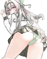 ass_focus blush expressionless firefly_(honkai:_star_rail) firefly_(spring_missive)_(honkai:_star_rail) from_behind green_panties hand_on_ass hand_on_wall honkai:_star_rail looking_back panties trefoil