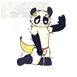 1boy animal_humanoid anthro banana banana_tail black_and_white_fur digital_media_(artwork) fur gay? halodouble heart-shaped_pupils humanoid italian_brainrot knees_bent male male_only panda pandaccini_bananini panties_around_one_leg peeing peeing_self penis pink_panties pink_underwear pissing_on_floor shaking shivering small_penis solo sweat tagme tiktok urine