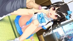 1boy adachi_tenka black_hair blue_bow blue_skirt bobby_socks bow censored collarbone cum dutch_angle ejaculation female flat_chest game_cg hairbow highres indoors knees_up long_hair male miniskirt mosaic_censoring no_shoes non-web_source nonohara_miki one_side_up open_mouth panties penis pink_panties pleated_skirt red_eyes sailor_collar sailor_shirt shirt shirt_bow short_sleeves shoujo_ramune sitting skirt socks straight tatami underwear white_sailor_collar white_socks