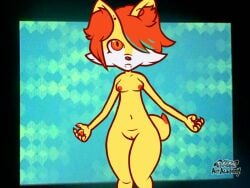 akiba_arts anthro anthrofied blue_hair breasts canid canine claws clothing dipstick_tail ear_piercing facial_piercing facial_tuft female fennekin finger_claws fur generation_6_pokemon genitals hair highlights_(coloring) humanoid humanoid_genitalia humanoid_vulva inner_ear_fluff lip_piercing mammal markings nintendo nipples nude piercing pokemon pokemon_(species) pokemon_art_academy pokemorph red_body red_clothing red_eyes red_fur red_hair red_inner_ear_fluff red_nipples slim small_breasts solo tail tail_markings tuft vulva yellow_body yellow_fur