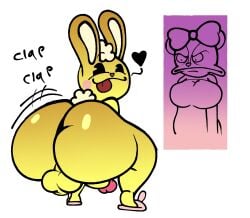 2025 angry anthro ass backsack balls big_breasts big_butt bow_ribbon breasts chipmunk clap_(sound_effect) clothing cuddles_(htf) duo english_description erection female footwear footwear_only fur genitals giggles_(htf) glans ground_squirrel happy_tree_friends head_bow heart_nose heart_symbol hi_res lagomorph leporid long_ears looking_back lucaslora male mammal mostly_nude penis pink_clothing pink_footwear pink_glans pink_nose pink_slippers rabbit rear_view rodent sciurid shoes simple_background slippers slippers_only small_tail smile sound_effects tail text tongue tongue_out white_background yellow_body yellow_fur