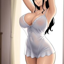 1girls ai_generated big_breasts black_hair breasts busty curvy female female_only high_quality highres large_breasts lips nico_robin nightgown nipples nipples_visible_through_clothing one_piece parted_lips see-through simple_background smile smirk solo thick_thighs thighs voluptuous wide_hips