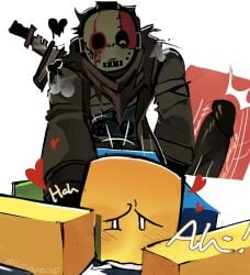 2boys ^_^ blush clothed duo facewear forsaken_(roblox) fully_clothed gay heart languecap laying_down mask noob noob_(forsaken) noob_(roblox) roblox sabobonds slasher_(forsaken) x-ray