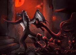 2024 arm_grab black_body blob_creature claws distressed dorsal_fin dorsal_frill dragon ear_fins escaping fin fleeing frill_(anatomy) goo_creature grey_body hi_res horn hypnosis hypnotic_eyes leg_grab male mind_control multicolored_body mythological_creature mythological_scalie mythology negadrake panicking red_eyes rubbersmith scalie spines spreading tail tail_grab tendrils wings