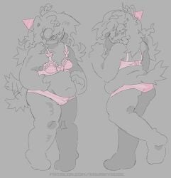 bbw blush bra bulge cat_ears cat_tail catgirl chubby chubby_female curly_hair doodle drunkydude embarrassed excited facing_away fat female female_focus grabbing_belly lace nervous nervous_sweat panties pink_panties poob_(regretevator) regretevator ribbon sketch solo striped_panties tail_wagging transgender tummy wholesome
