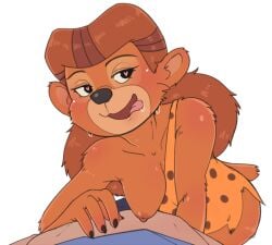 2017 4_fingers anthro bear bedroom_eyes bodily_fluids breasts brown_body brown_fur brown_hair caveman digital_media_(artwork) disney female fur half-closed_eyes heart heart_eyes hua113 leaning leaning_forward licking licking_lips licking_own_lips mammal mature_anthro mature_female narrowed_eyes nipples one_breast_out open_mouth rebecca_cunningham seductive self_lick simple_background solo sweat talespin tongue tongue_out white_background