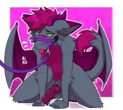 2025 absurd_res all_fours anthro arm_tuft balls blep blush blush_lines bodily_fluids chest_tuft claws digital_media_(artwork) dragon dripping ear_markings elbow_tuft erection facial_markings facial_tuft feet fenneckiro flustered fur furred_dragon furred_scalie genital_fluids genitals green_eyes green_sclera grey_body hair head_markings hi_res hindpaw horn knot leaking_precum leaning leaning_forward leash looking_down male markings membrane_(anatomy) membranous_wings mouth_closed muzzle_(object) muzzled mythological_creature mythological_scalie mythology pawpads paws penis pink_body pink_fur pivoted_ears precum precum_drip pupils purple_leash scalie simple_background slit_pupils snout snout_markings solo spread_legs spreading tail toe_claws tongue tongue_out torrin_the_dragon tuft wings