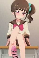 1boy aqua_scrunchie arm_support bar_censor barefoot blunt_bangs blush bow bowtie brown_background brown_hair brown_sailor_collar brown_skirt censored closed_mouth collarbone commentary desk embarrassed erection feet female foot_focus foot_out_of_frame footjob frown furrowed_brow gradient_background hair_ornament hair_scrunchie highres knee_up laika_(s4005146) looking_at_viewer male medium_hair nekoyashiki_mayu on_desk penis pink_eyes pleated_skirt ponytail precure pretty_cure red_bow red_bowtie sailor_collar school_uniform scrunchie second_wangan_school_uniform serafuku side_ponytail sitting skirt soles solo_focus sweatdrop three-quarter_sleeves toes white_serafuku wonderful_precure!